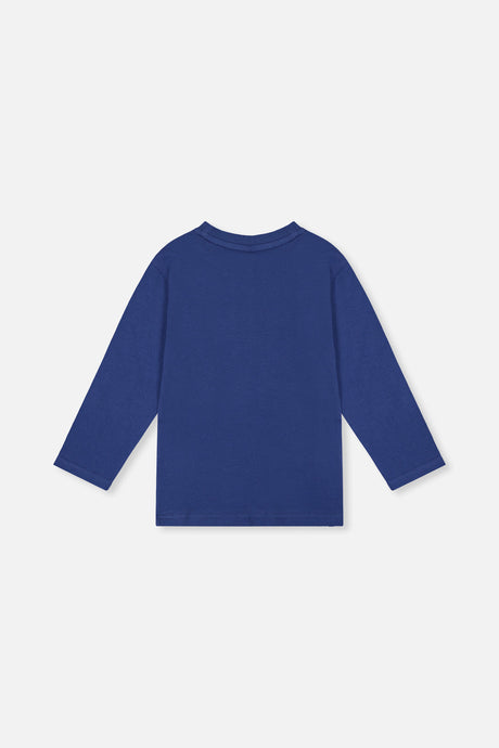 Back view of the blue long-sleeve tee laid flat
