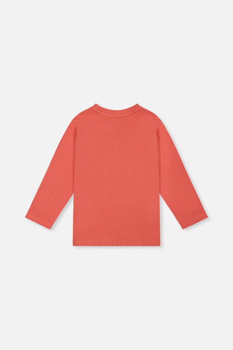 Back view of the rose orange long-sleeve tee laid flat