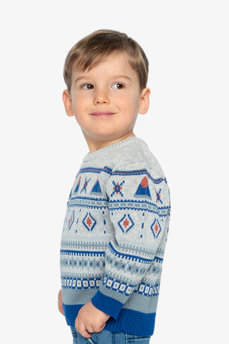 Child wearing the Deux par Deux blue Fair Isle jacquard sweater, angled view