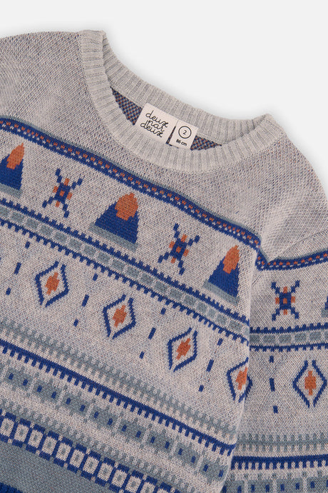 Close-up of the diamond, mountain and cross Fair Isle pattern on the Deux par Deux sweater