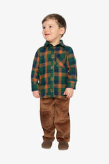 Deux par Deux boys' orange, blue and green plaid shirt, full-length view