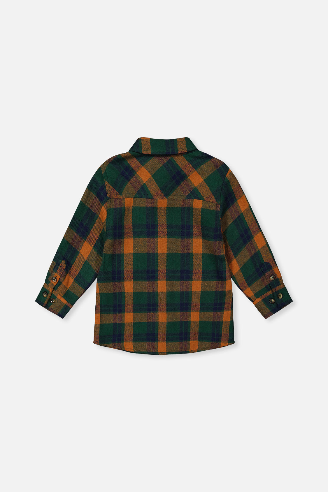 Deux par Deux boys' orange, blue and green plaid shirt, back view