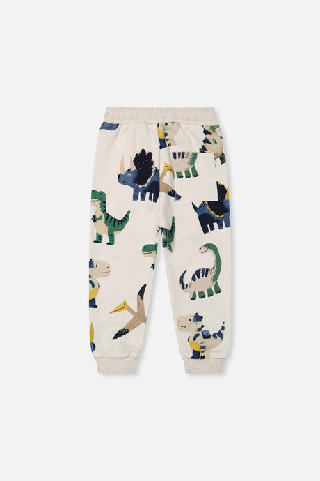 Deux par Deux beige dinosaur print fleece sweatpants, back view with ribbed cuffs