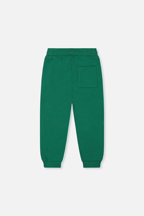 Deux par Deux green fleece sweatpants, back view with a patch pocket and ribbed cuffs
