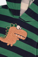 Deux par Deux Fleece Hoodie With Applique Blue Striped Green