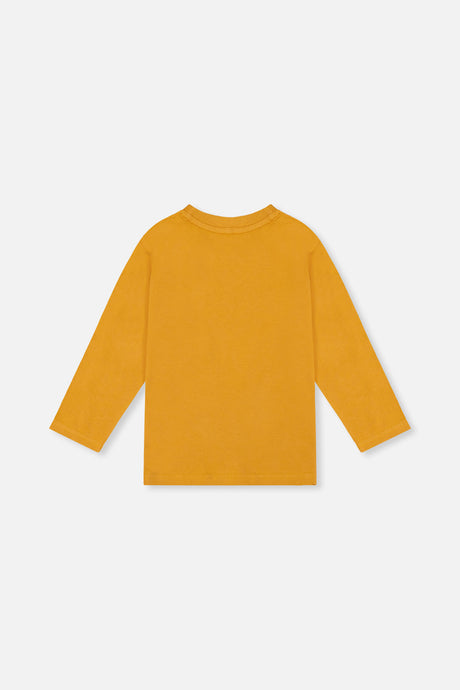Back view of the mustard yellow long-sleeve tee laid flat