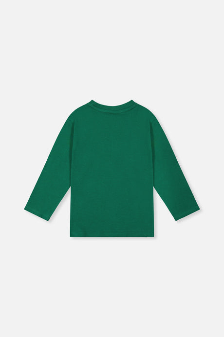 Back view of the green long-sleeve tee laid flat
