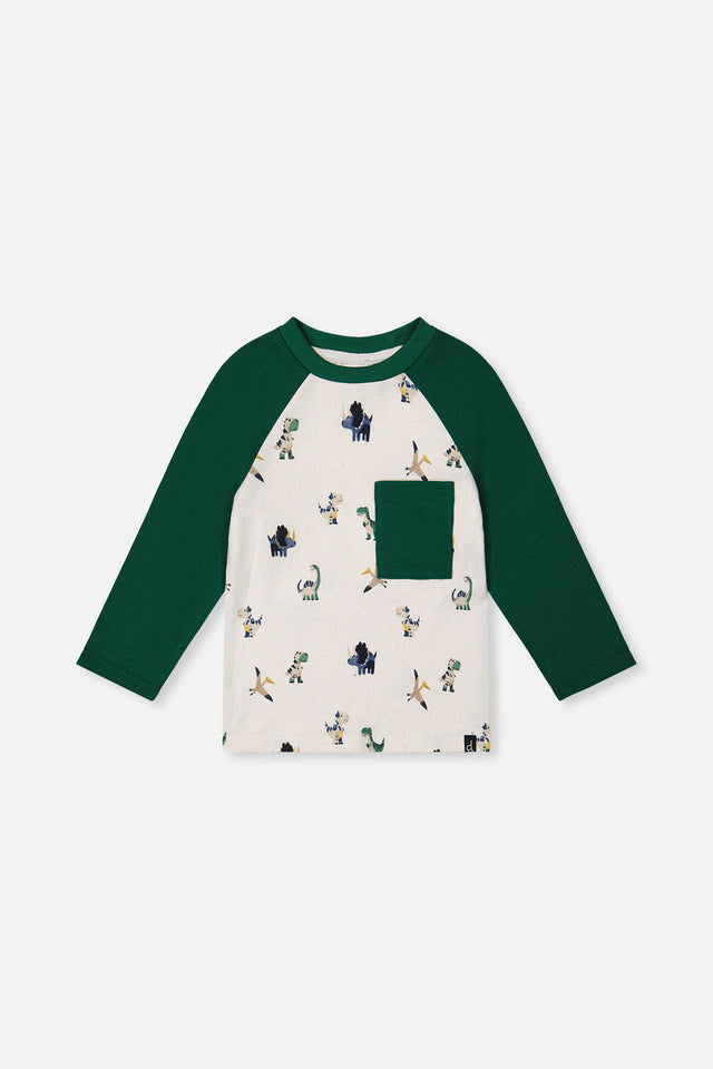 Long Sleeve Raglan T-Shirt Beige Dinosaur Print-0