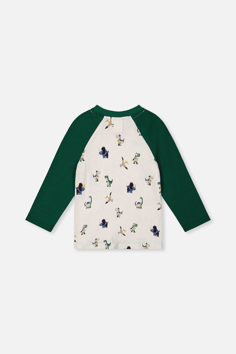 Deux par Deux long sleeve raglan t-shirt in beige with dinosaur print, back view