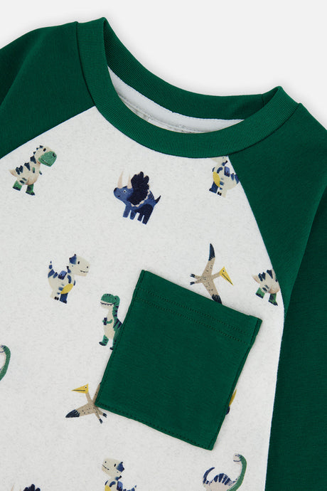 Deux par Deux long sleeve raglan t-shirt in beige with dinosaur print, view 7
