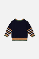 Back view of the Deux par Deux navy knit sweater with striped sleeves laid flat