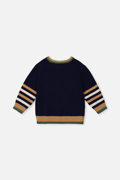 Back view of the Deux par Deux navy knit sweater with striped sleeves laid flat