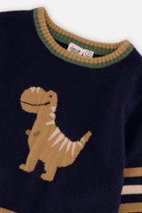 Close-up of the tan dino intarsia and ribbed neckline on the Deux par Deux navy sweater