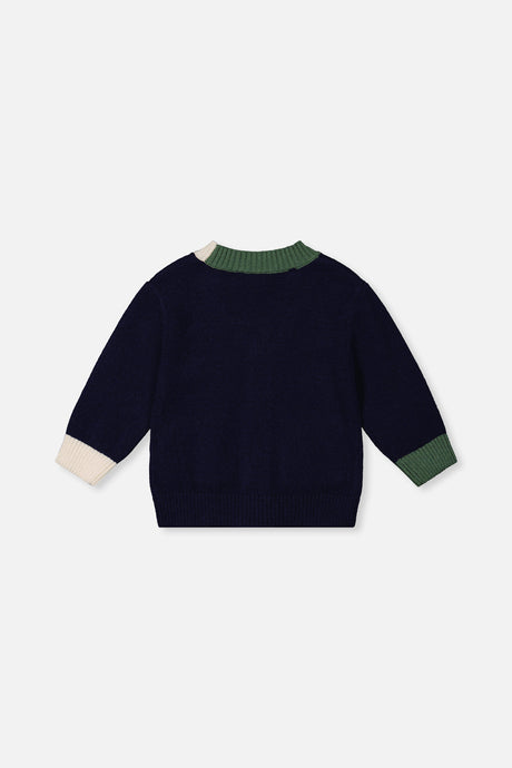 Back view of the Deux par Deux navy dino knit cardigan laid flat
