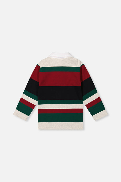Deux par Deux boys' polo top in blue striped red, green and grey, back view