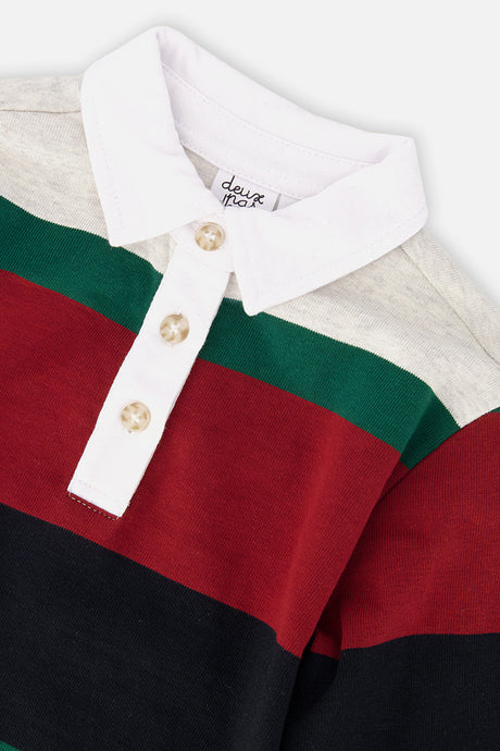 Deux par Deux boys' polo top in blue striped red, green and grey, view 6