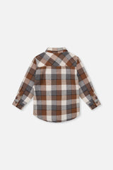 Deux par Deux grey and beige plaid flannel shirt, back view