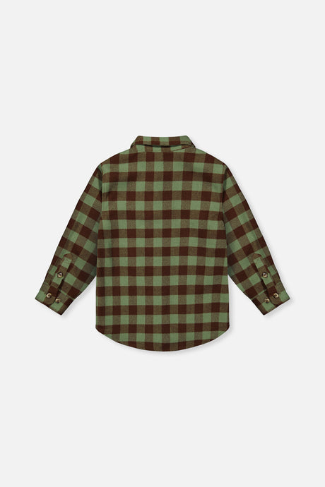 Deux par Deux green and brown plaid flannel shirt, back view