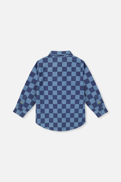 Deux par Deux blue checkered chambray shirt, back view