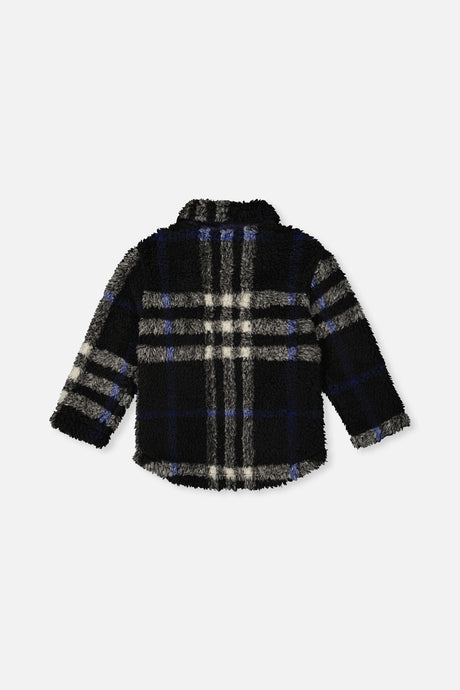 Deux par Deux black plaid fleece overshirt, flat lay back view with the collar