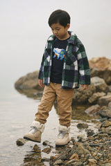 Child wearing the Deux par Deux blue and green check zipped overshirt, lifestyle view