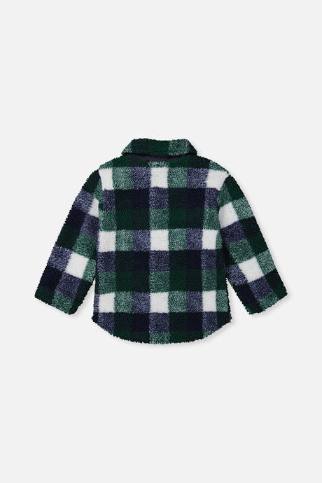 Back view of the Deux par Deux plaid fleece zipped overshirt laid flat