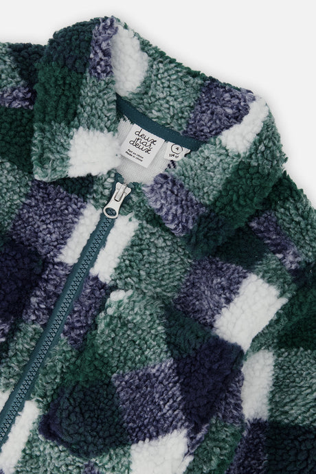 Close-up of the collar, zipper and plaid fleece texture on the Deux par Deux overshirt