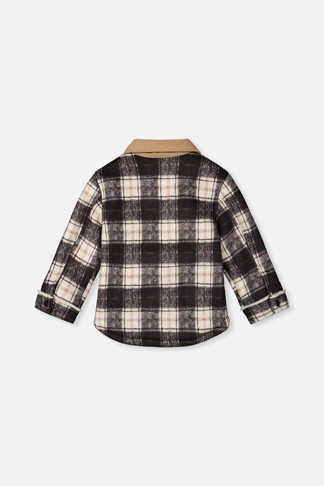 Deux par Deux navy and cream plaid zip jacket, flat lay back view with the tan collar