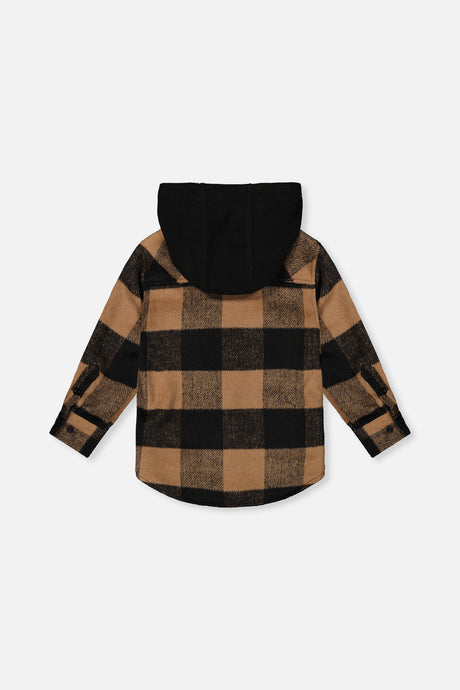 Back view of the plaid flannel shirt laid flat with the black fleece hood