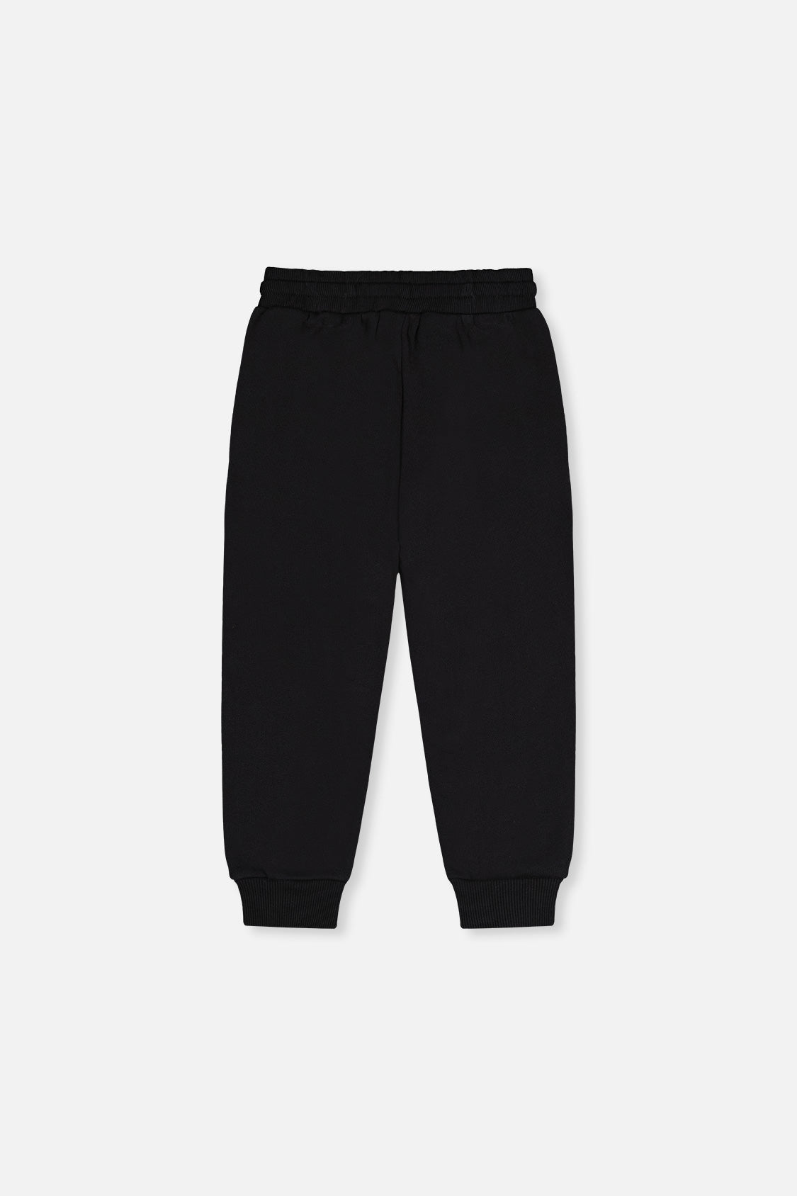 Deux par Deux black fleece sweatpants, back view with ribbed ankle cuffs
