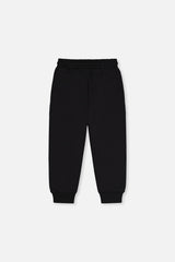 Deux par Deux black fleece sweatpants, back view with ribbed ankle cuffs