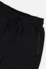 Close-up of the drawstring waistband and zippered pocket on the black sweatpants