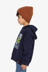 Child in the Deux par Deux dark blue wolf graphic hoodie, lookbook shot