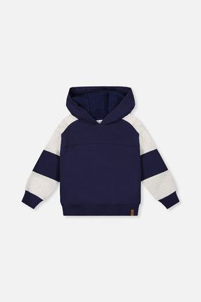 Hooded Striped Fleece Cardigan Dark Blue And Beige-0