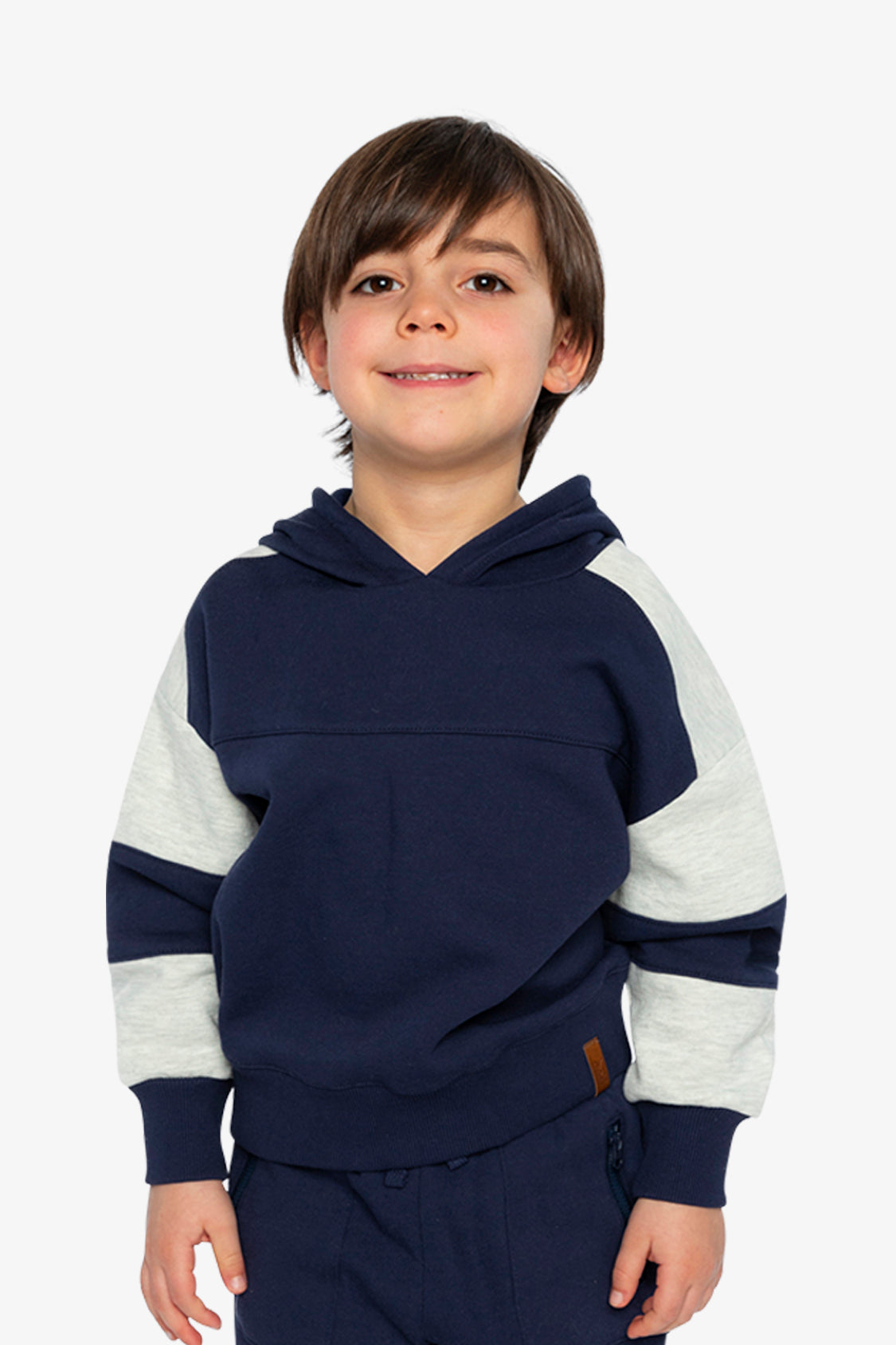 Hooded Striped Fleece Cardigan Dark Blue And Beige-1