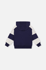 Deux par Deux Hooded Striped Fleece Cardigan Dark Blue And Beige