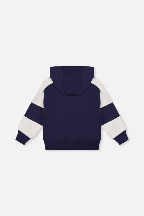 Deux par Deux dark blue hooded fleece top with striped sleeves, flat lay back view