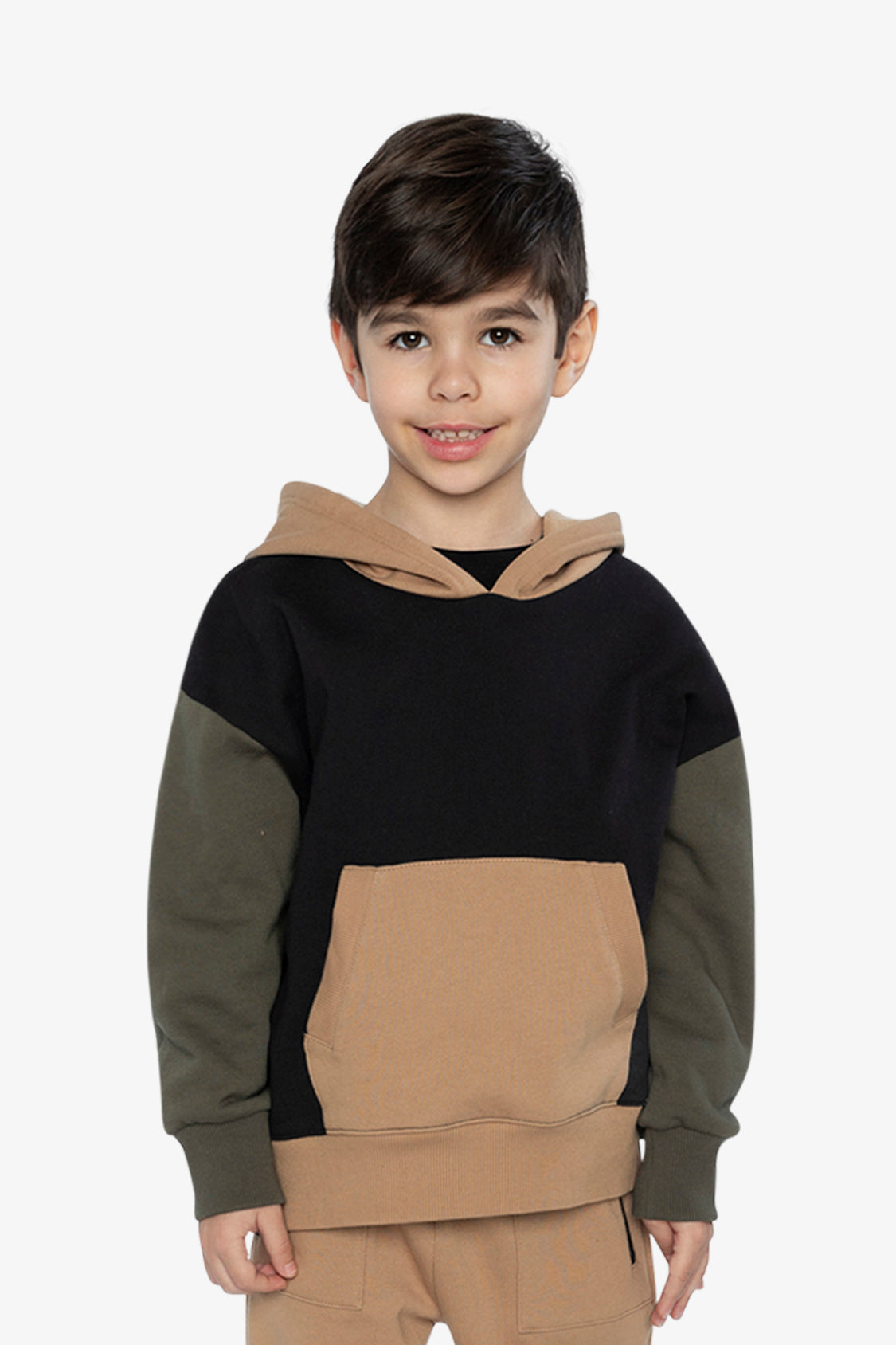 Hooded Colorblock Fleece Cardigan Black, Green And Beige-1