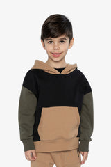 Hooded Colorblock Fleece Cardigan Black, Green And Beige-1