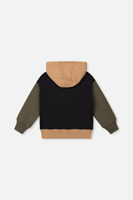 Deux par Deux colourblock hooded fleece, flat lay back view with the tan hood