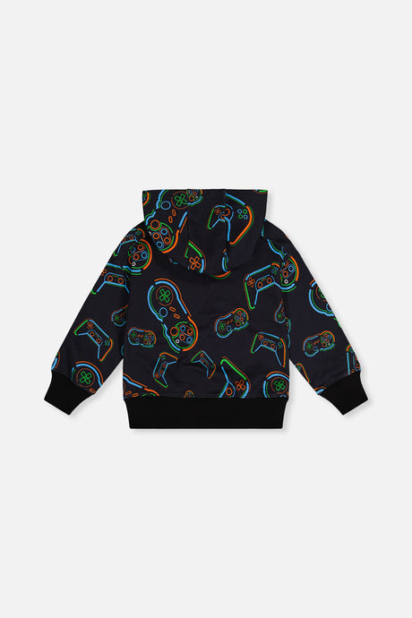 Deux par Deux black game controller hoodie, flat lay back view with the hood