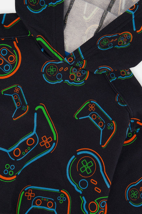 Close-up of the blue and green and orange outlined controllers and the hood on the black Deux par Deux hoodie