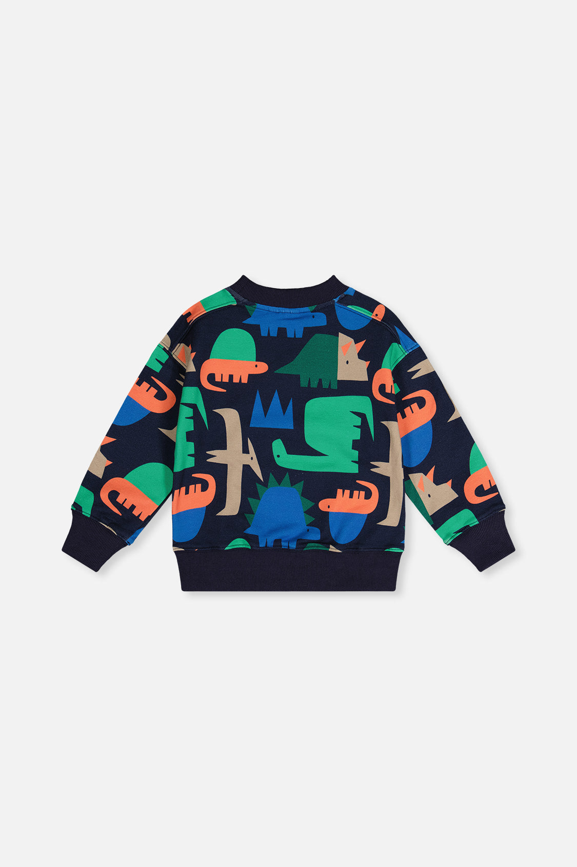 Blue dinosaur print fleece pullover laid flat, back view