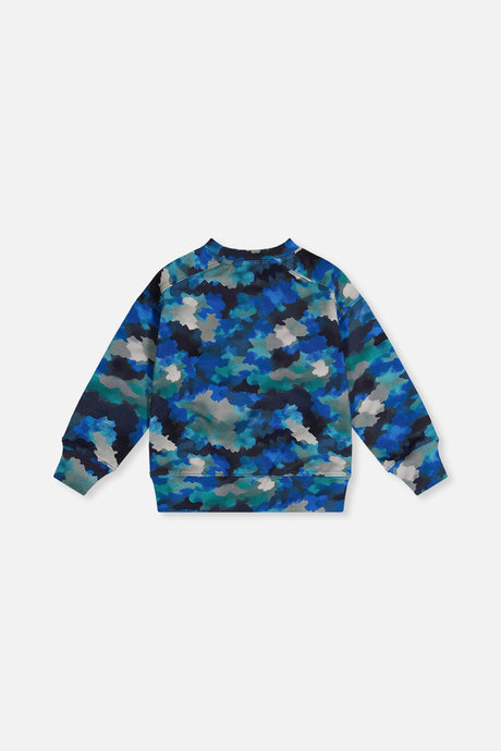 Back view of the Deux par Deux blue and grey camouflage fleece sweatshirt laid flat