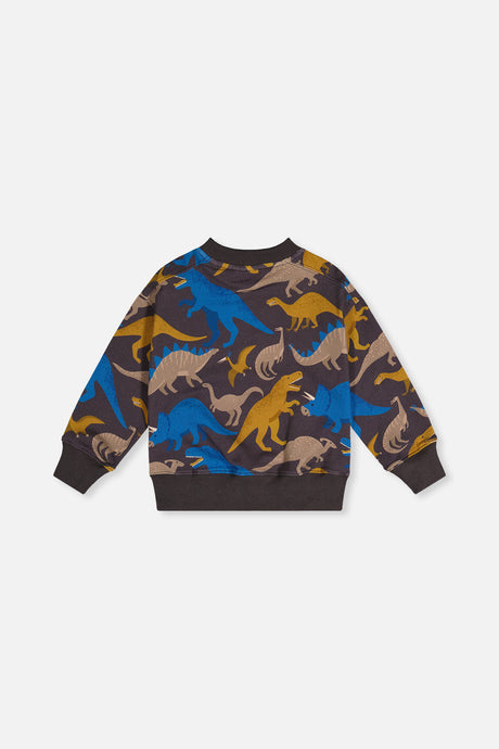 Deux par Deux dark grey dinosaur print sweatshirt, flat lay back view