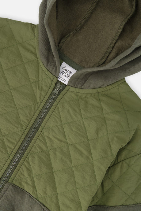 Close-up of the quilted panel, zipper and hood on the Deux par Deux green cardigan