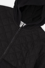 Close-up detail of the Deux par Deux black quilted hooded cardigan