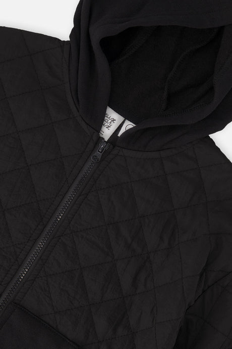 Close-up of the quilted panel, zipper and hood on the Deux par Deux black cardigan