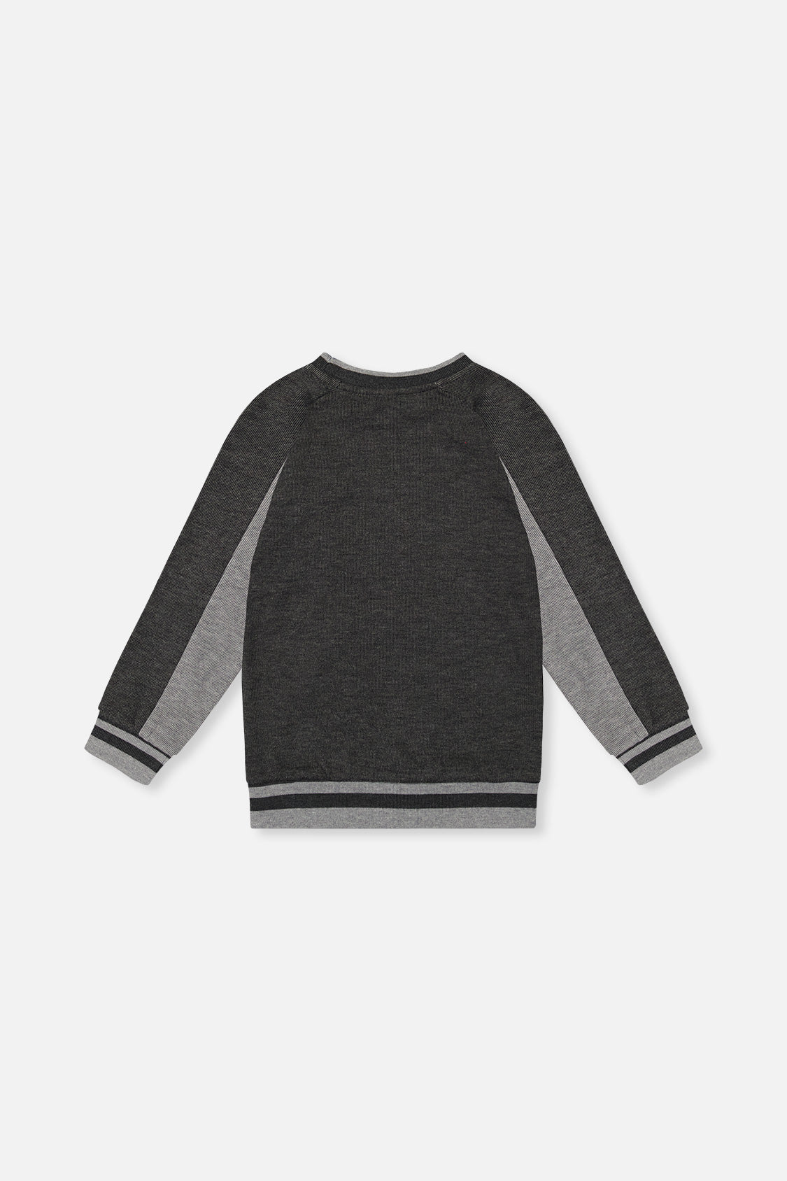 Deux par Deux charcoal grey ribbed sweatshirt with light grey panels and striped trim, flat lay back view