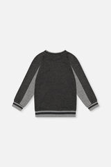Deux par Deux charcoal grey ribbed sweatshirt with light grey panels and striped trim, flat lay back view